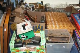THREE BOXES OF COLLECTABLES AND SUNDRIES, including cameras, cast iron doorstops, wicker picnic