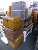 SIX VARIOUS TRUNKS/CRATES, including two tin trunks, two wooden crates, etc