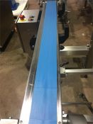 1 x Transfer conveyor. Blue neoprene belt. S/s framed. Belt width 100mm x belt length 1500mm. Lift
