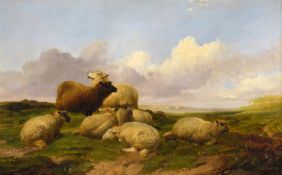 Thomas Sidney Cooper (1803-1902) Sheep on a chalk down with cliffs beyond 1861 Signed Oil on panel