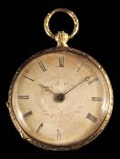 A Swiss gold cylinder watch, silver dial, cuvette and case numbered 14256, in a foliate engraved