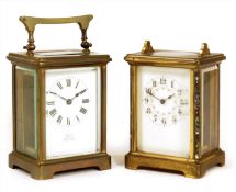 A carriage timepiece, white enamel dial with retailer`s inscription, cylinder platform, in a gilt
