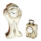 A miniature mother of pearl mounted alarm carriage timepiece, German movement with white circular
