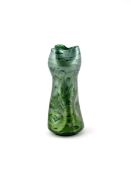 A Loetz Carrageen green glass vase, dimpled and waisted form with pinched top rim, striated silver