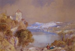 Andrea Vasari (Italian 1873-1961) Figures resting in an Italian lake landscape Signed Watercolour