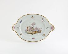 A Meissen two-handled tray and dish, c.1775-95, outside-decorated with figures praticising archery