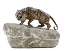 An Austrian cold painted bronze model of a snarling tiger, mounted on a rocky base, late 19th /