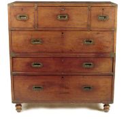 A Victorian mahogany Campaign secretaire chest, in two halves, with brass mounts , with a central