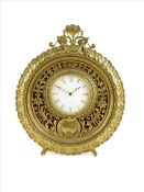A French brass mantel timepiece, circular white enamel dial, drum movement stamped EGL with cylinder