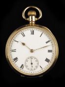 An 18ct gold keyless lever watch, the 15 jewel Marquis movement by Waltham with white enamel dial,