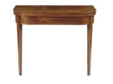 ? A George III mahogany `D` shape tea table, the hinged top crossbanded in rosewood, on tapering