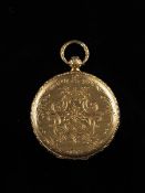 A slender Swiss gold watch, engraved gilt dial, full plate movement engraved with foliage and