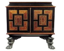 A late 17th century Flemish ebony and kingwood cabinet, inlaid ivory stringing, with geometric