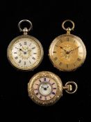 A Swiss 18k gold half hunting cased lady`s watch, keyless cylinder movement with white enamel