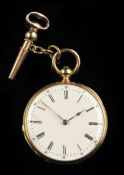 A Swiss gold cylinder watch, white enamel dial, in a plain case with monogrammed back, 31mm