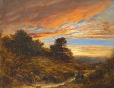 John Linnell (1792-1882) Figure by a stream at dusk Signed Oil on panel 40 x 51cm; 16 x 20in ++Would