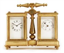 A reproduction miniature carriage timepiece-cum-barometer, white enamel dial, lever platform, in a