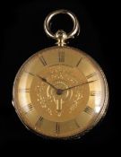A Swiss gold cylinder watch, the florally engraved gilt dial and movement signed Baume, Geneve, in a
