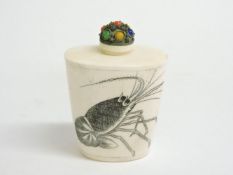 A Chinese bone snuff bottle, of oval profile, and stopper, engraved with two lobsters, 7cm high