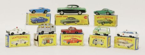 Seven Matchbox die cast cars and trucks, comprising (14) 150 Grifo, (21) milk delivery truck, (34)