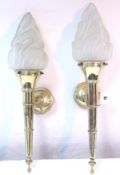 A pair of 1960's brass wall-mounted lights, each with frosted glass 