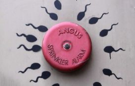 Contrary to the other pieces on show, Sperm Alarm, which shows 15 sperm swarming round a red