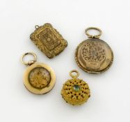 A small collection of four 19th century gilt metal vinaigrettes, comprising: two of watch form, a