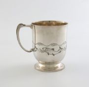 A silver Art Deco mug, by Mappin and Webb, Sheffield 1935, tapering circular form, scroll handle,