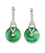 A pair of Art Deco jade and diamond drop earrings, the circular jade discs each suspend from