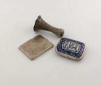 A mixed lot of silver and metal ware, comprising: a silver and enamel cigarette case, embossed