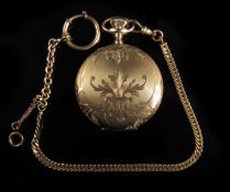 A gold plated hunting cased keyless lever watch by Elgin, damascened fifteen jewel movement with