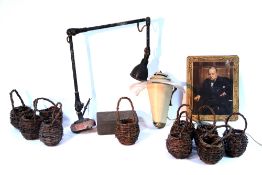 A 1940s Eralite night lamp; an anglepoise wall-mounted lamp; two dinner gongs; & sundry other