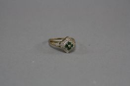 A MODERN EMERALD AND DIAMOND SQUARE SHAPE CLUSTER RING, emeralds measuring approximately 2.5mm in