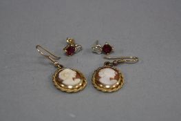 AN EARRING COLLECTION, to include a modern pair of cameo ear pendants, shell cameos depicting a lady