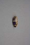 A LATE 20TH CENTURY AMETHYST AND CULTURED SPLIT PEARL HALF HOOP RING, three round mixed cut