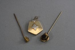TWO STICK PINS, and a 9ct locket (3)