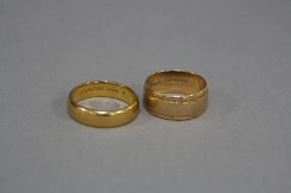 TWO GOLD WEDDING RINGS, a 22ct gold plain polished court style wedding ring, measuring approximately