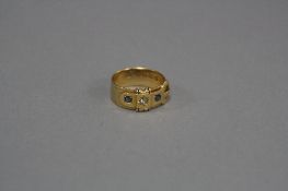 A LATE VICTORIAN 18CT GOLD SAPPHIRE AND DIAMOND BUCKLE RING, two Swiss cut sapphires measuring