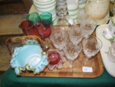 A set of six grape vine etched port glasses, congrete glass dish, jug and wine, emerald glass wines,