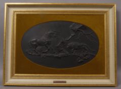 A Wedgwood black basalt bass relief plaque decorated with 'A Frightened Horse' after George Stubbs,