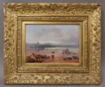 W Collins north east coastal landscape with figures, oil on board, 14.