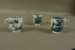 Three Caughley blue and white cups and a Lowestoft cup (at fault)