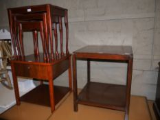 A nest of three mahogany finish coffee tables, square table with drop down front and undertier,