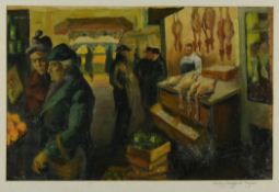 Shirley Stopford-Taylor (1935-2017) Butchers stall and figures in a marketplace, oil on paper,