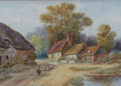 Robert Thornton Wilding, shepherd and flock passing through a village of thatched cottages and pond,