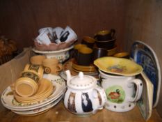 A reproduction frog mug, two handled pedestal bowl, shell shaped dish, cat teapot and mugs,