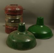 A reproduction ships light and two green enamelled metal industrial hanging light