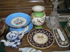A 19th century china comport and tazza painted with flowers, dessert plate similarly painted,