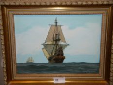 Ron Casey 'Landfall', Sir Francis Drakes ship the Golden Hind, on the high seas, oil on board,