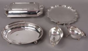 A quantity of EPNS ware including an entree dish and cover rectangular, an oval cake basket,